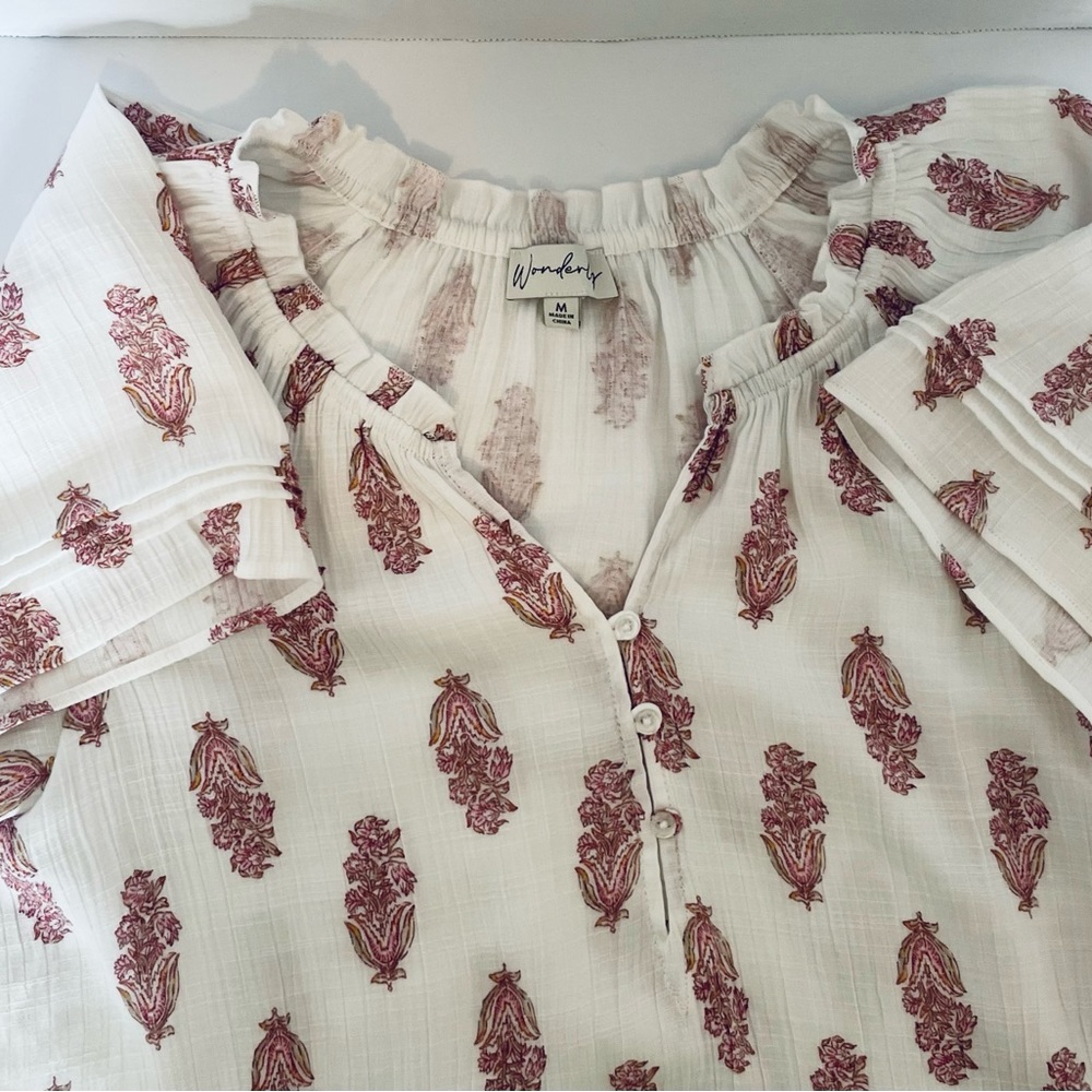 Wonderly Womens Top Blouse Raglan Sleeves Gathered to Neck Size Medium Vee Neck - Picture 14 of 16
